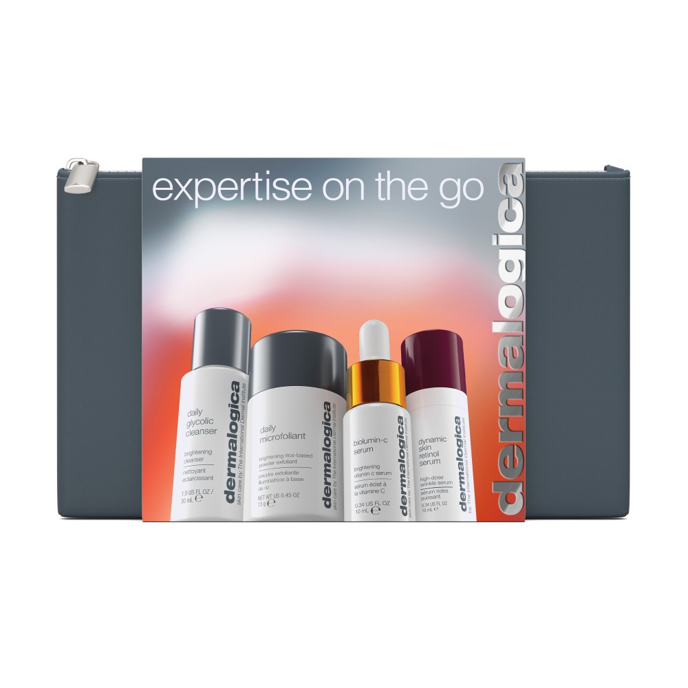 Уцінка! Тревел-набір для догляду за обличчям Dermalogica Expertise On The Go (очищувальний засіб, 30 мл + ексфоліант, 13 г + сироватка, 2*10 мл + косметичка)